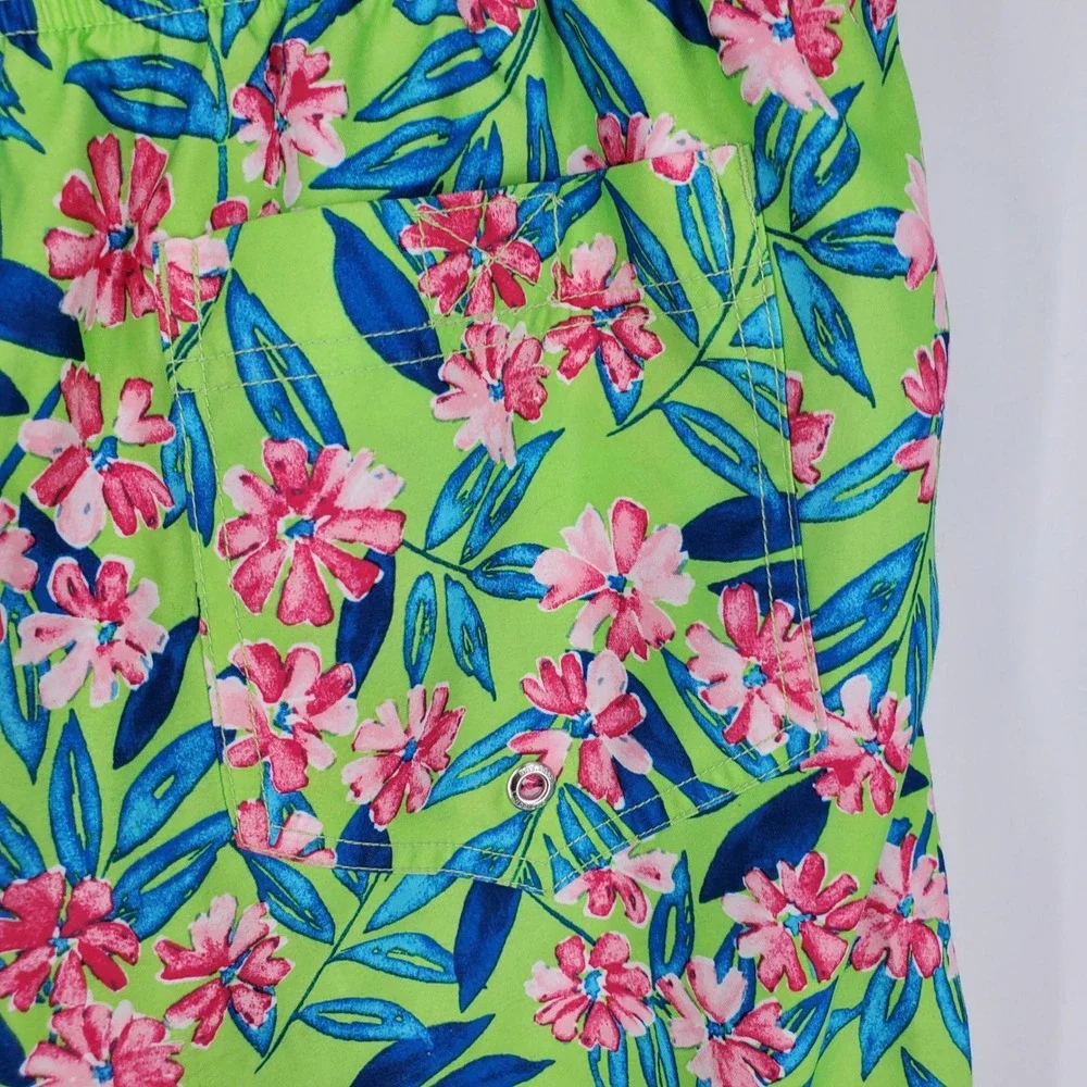 Lands' End Men's Swim Trunks Floral Print Green Pink Blue Size L